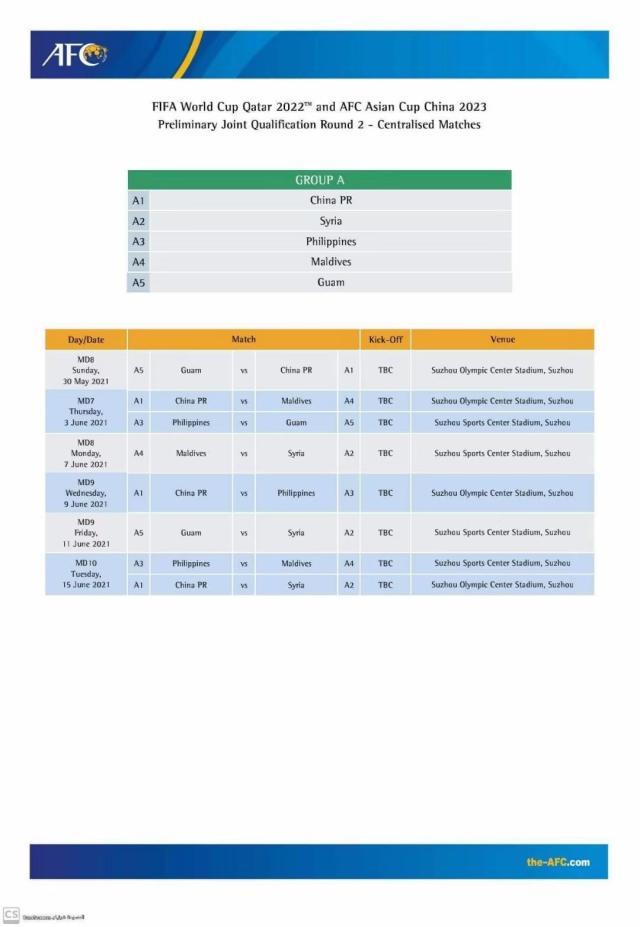 虎扑体育-亚足联公布40强赛最终赛程 国足5月30日战关岛队